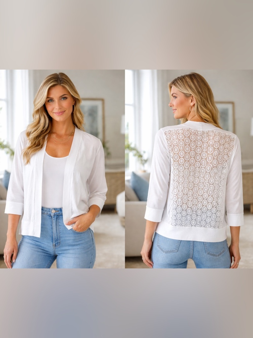 Premise Studio White Lace Back Cardigan Open Front Boho Chic Layering Crop 1X